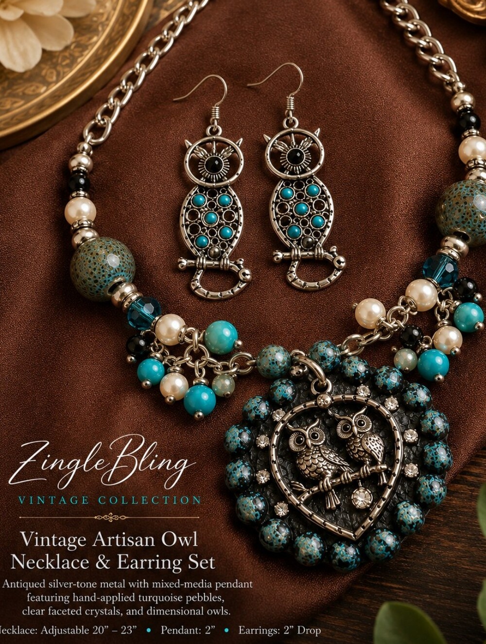 Vintage Artisan Owl Statement Necklace Earrings Set Turquoise Crystal Silver